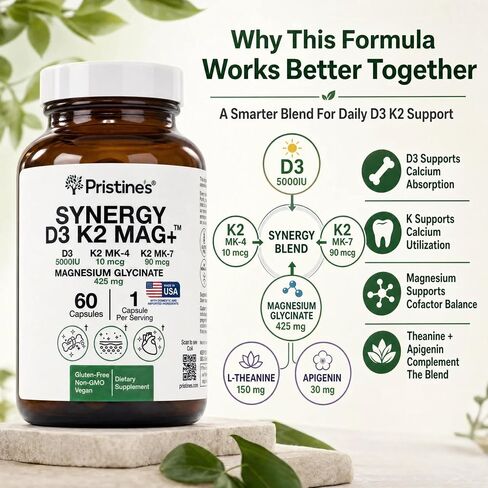 Pristine’s NSF Certified 5000 IU D3 K2 Magnesium Supplement for Imunity & Bone Health - K1, K2 MK-4 and MK-7 - L-Theanine and Apigenin, Vegan, 60 Capsules in Saudi Arabia