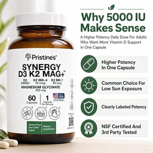 Pristine’s NSF Certified 5000 IU D3 K2 Magnesium Supplement for Imunity & Bone Health - K1, K2 MK-4 and MK-7 - L-Theanine and Apigenin, Vegan, 60 Capsules in Saudi Arabia