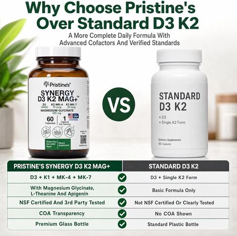 Pristine’s NSF Certified 5000 IU D3 K2 Magnesium Supplement for Imunity & Bone Health - K1, K2 MK-4 and MK-7 - L-Theanine and Apigenin, Vegan, 60 Capsules in Saudi Arabia