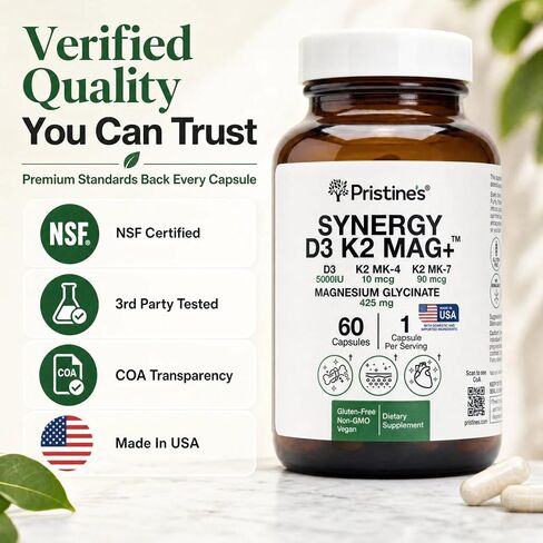 Pristine’s NSF Certified 5000 IU D3 K2 Magnesium Supplement for Imunity & Bone Health - K1, K2 MK-4 and MK-7 - L-Theanine and Apigenin, Vegan, 60 Capsules in Saudi Arabia