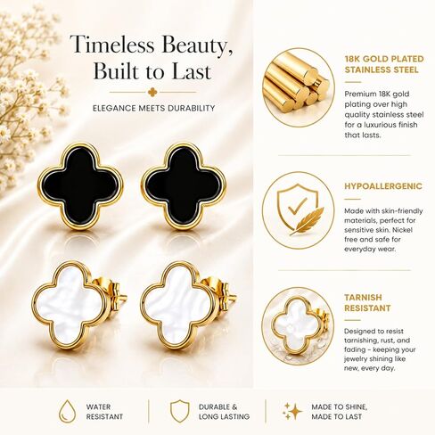 2 Pair Set I 18K Gold Plated Clover Earrings for Women | Four Leaf Stud Earrings | Valentines Gift I Anniversary I Wedding I Occasion in Saudi Arabia