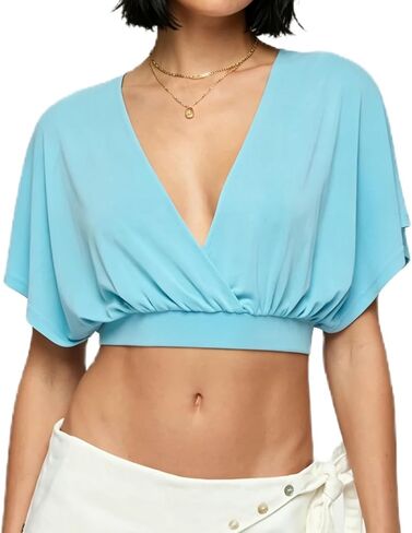 Women Batwing Sleeve Crop Tops Y2K V Neck Cinched Waist Shirt Plunge Gym Yoga Top Summer Beach Vacation Tops in Kuwait