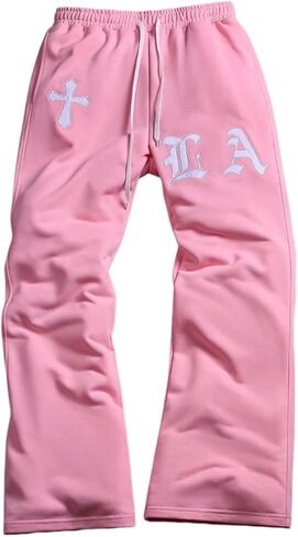 Pink Sweatpants with LA Old English Letter and Cross Embroidery, Drawstring Waist, Streetwear Style in Kuwait