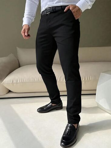 Men's Light Business Casual Tapered Dress Pants, Regular Fit Solid Color Office Trousers, Four-Season Wear in Kuwait