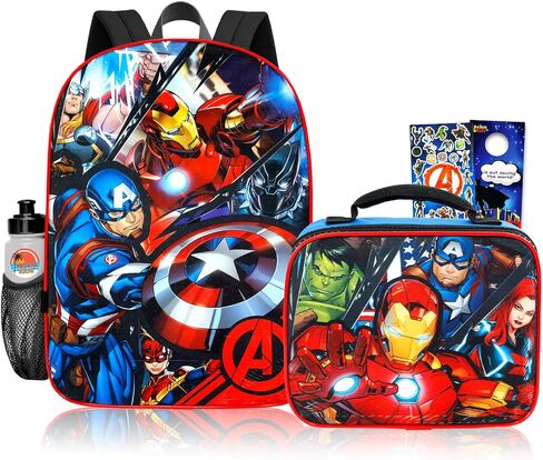 Marvel Avengers Backpack and Lunchbox Set - Bundle of 16" Superhero Backpack, Insulated Lunch Box, Stickers, More | Avengers School Bag for Kids in Kuwait
