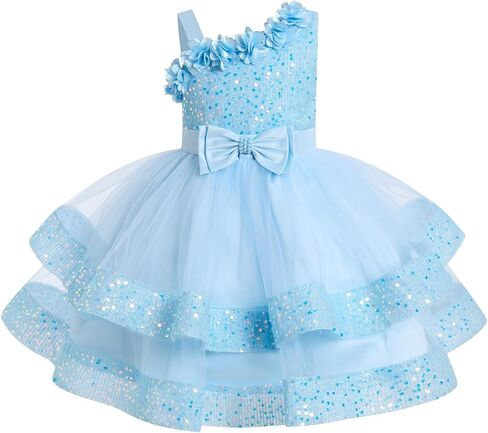IMEKIS Toddler Kids Girls Pageant Sequin Flower Dress, Shiny Asymmetric Shoulder Formal Party Tiered Tulle Gowns 1-8T in Kuwait