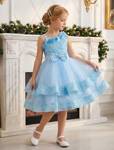 IMEKIS Toddler Kids Girls Pageant Sequin Flower Dress, Shiny Asymmetric Shoulder Formal Party Tiered Tulle Gowns 1-8T in Kuwait