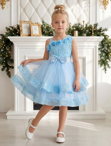 IMEKIS Toddler Kids Girls Pageant Sequin Flower Dress, Shiny Asymmetric Shoulder Formal Party Tiered Tulle Gowns 1-8T in Kuwait
