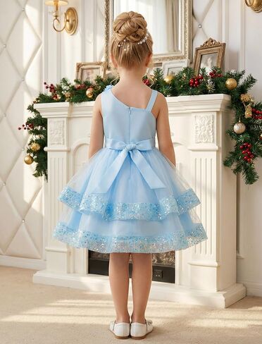 IMEKIS Toddler Kids Girls Pageant Sequin Flower Dress, Shiny Asymmetric Shoulder Formal Party Tiered Tulle Gowns 1-8T in Kuwait