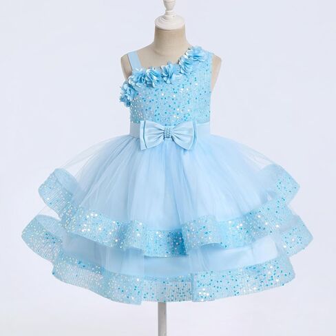 IMEKIS Toddler Kids Girls Pageant Sequin Flower Dress, Shiny Asymmetric Shoulder Formal Party Tiered Tulle Gowns 1-8T in Kuwait