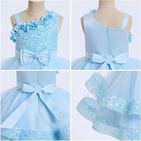 IMEKIS Toddler Kids Girls Pageant Sequin Flower Dress, Shiny Asymmetric Shoulder Formal Party Tiered Tulle Gowns 1-8T in Kuwait