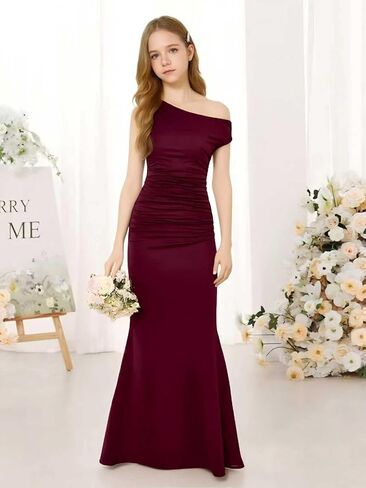 Girls Dresses One Shoulder Ruched Waist Fitted Maxi Dress for Teen Girls 13-16, Elegant Formal Party Long Dress in Kuwait