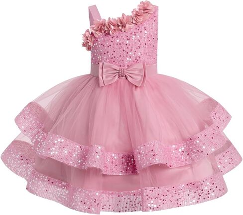 IMEKIS Toddler Kids Girls Pageant Sequin Flower Dress, Shiny Asymmetric Shoulder Formal Party Tiered Tulle Gowns 1-8T in Kuwait
