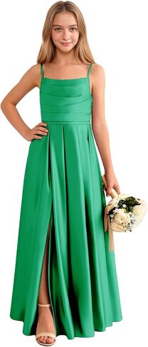 Square Neck Junior Bridesmaid Dress Satin Flower Girl Dresses for Wedding Pleated A Line Girls Formal Gown in Kuwait