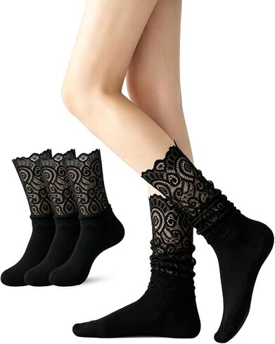 Vihir 3 Pairs Women's Casual Lace Crew Socks for Mary Janes And Loafers With Floral Eyelet Ruffle in Saudi Arabia