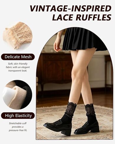 Vihir 3 Pairs Women's Casual Lace Crew Socks for Mary Janes And Loafers With Floral Eyelet Ruffle in Saudi Arabia