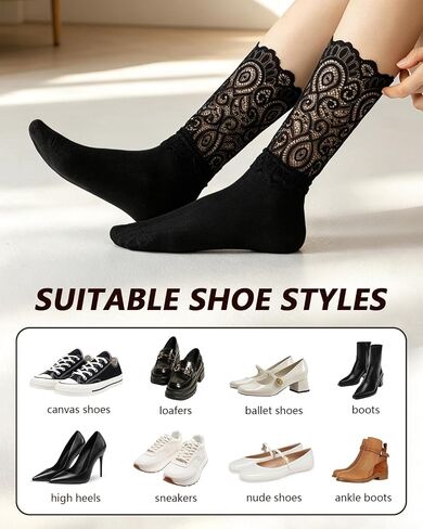 Vihir 3 Pairs Women's Casual Lace Crew Socks for Mary Janes And Loafers With Floral Eyelet Ruffle in Saudi Arabia