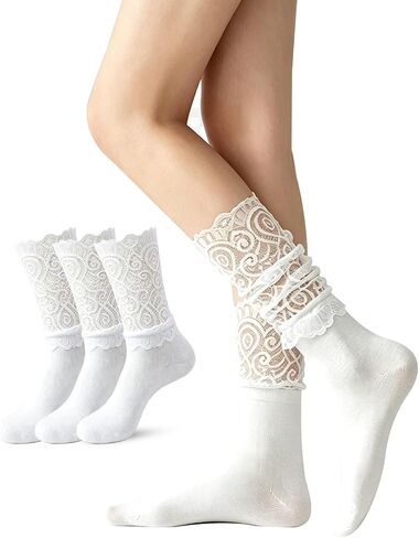 Vihir 3 Pairs Women's Casual Lace Crew Socks for Mary Janes And Loafers With Floral Eyelet Ruffle in Saudi Arabia