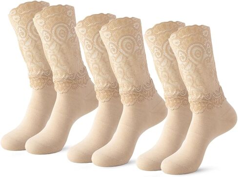 Vihir 3 Pairs Women's Casual Lace Crew Socks for Mary Janes And Loafers With Floral Eyelet Ruffle in Saudi Arabia