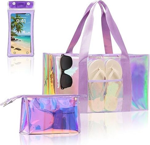 Jelly Tote Bag Iridescent Clear Beach Tote Bag for Women Makeup Case & Phone Pouch,Waterproof Beach Bag for Summer in Saudi Arabia
