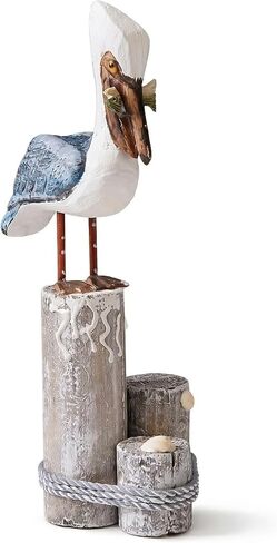 Nautical Pelican Statue - Handcrafted Wooden Bird Figurine for Coastal Home & Bathroom Decor, Vintage Beach Theme Art Sculpture, Rustic Outdoor Garden Decorations, Wood Carving Fish Statue in Saudi Arabia