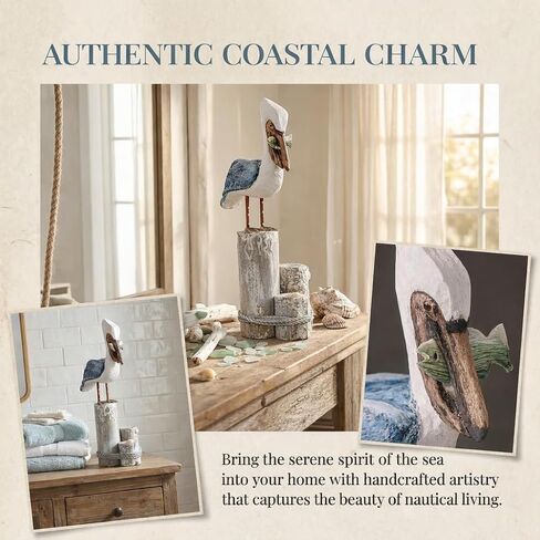 Nautical Pelican Statue - Handcrafted Wooden Bird Figurine for Coastal Home & Bathroom Decor, Vintage Beach Theme Art Sculpture, Rustic Outdoor Garden Decorations, Wood Carving Fish Statue in Saudi Arabia