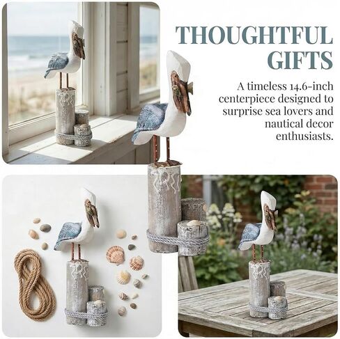 Nautical Pelican Statue - Handcrafted Wooden Bird Figurine for Coastal Home & Bathroom Decor, Vintage Beach Theme Art Sculpture, Rustic Outdoor Garden Decorations, Wood Carving Fish Statue in Saudi Arabia