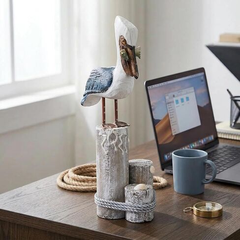 Nautical Pelican Statue - Handcrafted Wooden Bird Figurine for Coastal Home & Bathroom Decor, Vintage Beach Theme Art Sculpture, Rustic Outdoor Garden Decorations, Wood Carving Fish Statue in Saudi Arabia
