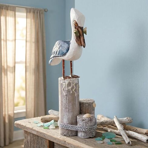 Nautical Pelican Statue - Handcrafted Wooden Bird Figurine for Coastal Home & Bathroom Decor, Vintage Beach Theme Art Sculpture, Rustic Outdoor Garden Decorations, Wood Carving Fish Statue in Saudi Arabia