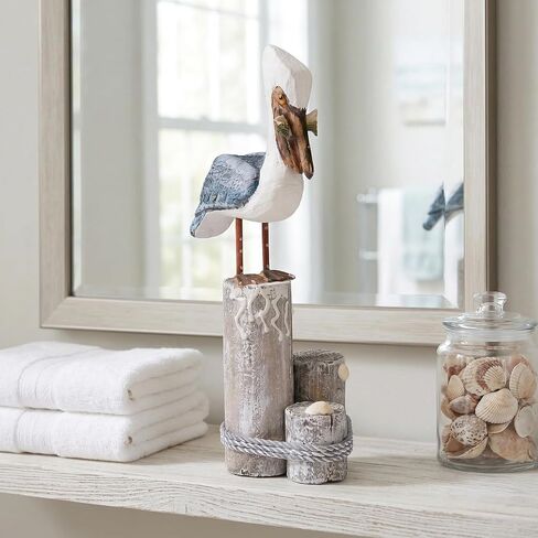 Nautical Pelican Statue - Handcrafted Wooden Bird Figurine for Coastal Home & Bathroom Decor, Vintage Beach Theme Art Sculpture, Rustic Outdoor Garden Decorations, Wood Carving Fish Statue in Saudi Arabia