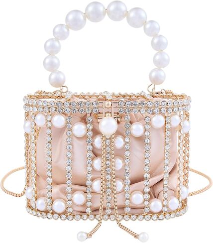 Women Pearl Clutch Rhinestone Cage Bag, Elegant Sparkling Hollow Pearl Evening Clutch, Beautiful Glitter Double-layer Detachable Basket Handbag, Chic, Structured Design w/Pearl Handle in Kuwait