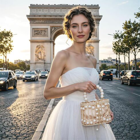 Women Pearl Clutch Rhinestone Cage Bag, Elegant Sparkling Hollow Pearl Evening Clutch, Beautiful Glitter Double-layer Detachable Basket Handbag, Chic, Structured Design w/Pearl Handle in Kuwait