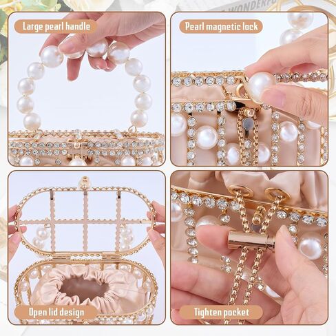 Women Pearl Clutch Rhinestone Cage Bag, Elegant Sparkling Hollow Pearl Evening Clutch, Beautiful Glitter Double-layer Detachable Basket Handbag, Chic, Structured Design w/Pearl Handle in Kuwait