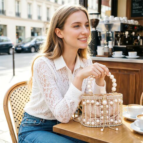 Women Pearl Clutch Rhinestone Cage Bag, Elegant Sparkling Hollow Pearl Evening Clutch, Beautiful Glitter Double-layer Detachable Basket Handbag, Chic, Structured Design w/Pearl Handle in Kuwait