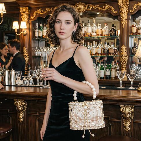 Women Pearl Clutch Rhinestone Cage Bag, Elegant Sparkling Hollow Pearl Evening Clutch, Beautiful Glitter Double-layer Detachable Basket Handbag, Chic, Structured Design w/Pearl Handle in Kuwait