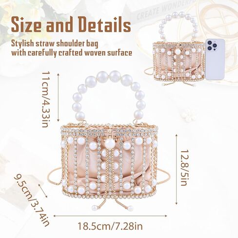 Women Pearl Clutch Rhinestone Cage Bag, Elegant Sparkling Hollow Pearl Evening Clutch, Beautiful Glitter Double-layer Detachable Basket Handbag, Chic, Structured Design w/Pearl Handle in Kuwait