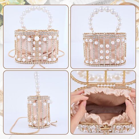 Women Pearl Clutch Rhinestone Cage Bag, Elegant Sparkling Hollow Pearl Evening Clutch, Beautiful Glitter Double-layer Detachable Basket Handbag, Chic, Structured Design w/Pearl Handle in Kuwait