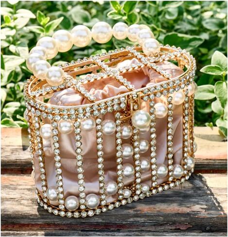 Women Pearl Clutch Rhinestone Cage Bag, Elegant Sparkling Hollow Pearl Evening Clutch, Beautiful Glitter Double-layer Detachable Basket Handbag, Chic, Structured Design w/Pearl Handle in Kuwait
