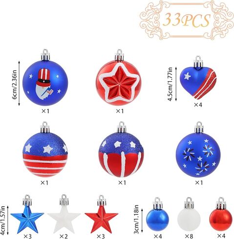 Memorial Day Decorations, 4th of July Decorations for Tree, 33PCS Red White and Blue Ornaments, Patriotic Decorations, Independence Day Decor, USA 250th Anniversary Decorations (Red White and Blue) in Saudi Arabia