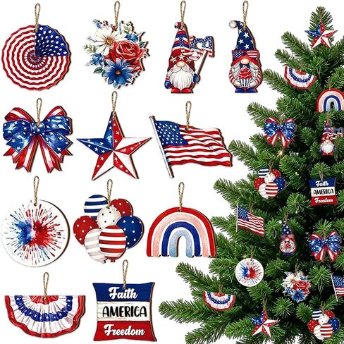 24 Pcs 4th of July Hanging Ornaments with Ropes Tree Independence Day Patriotic Wooden American Flag Memorial Day Party Decorations Supplies in Kuwait