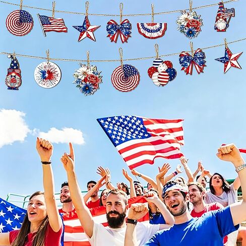 24 Pcs 4th of July Hanging Ornaments with Ropes Tree Independence Day Patriotic Wooden American Flag Memorial Day Party Decorations Supplies in Kuwait