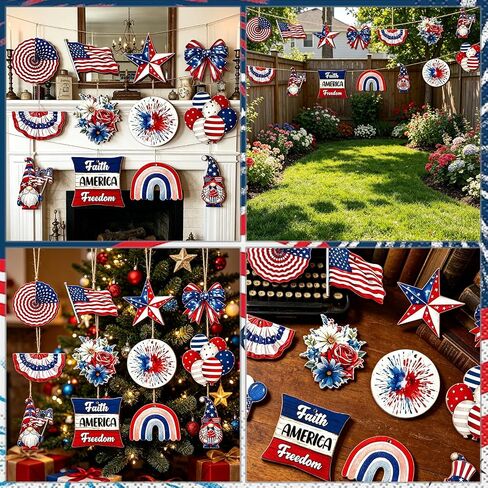 24 Pcs 4th of July Hanging Ornaments with Ropes Tree Independence Day Patriotic Wooden American Flag Memorial Day Party Decorations Supplies in Kuwait