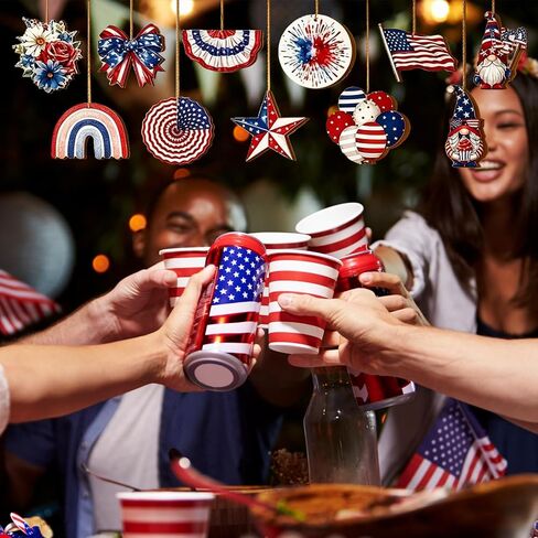 24 Pcs 4th of July Hanging Ornaments with Ropes Tree Independence Day Patriotic Wooden American Flag Memorial Day Party Decorations Supplies in Kuwait