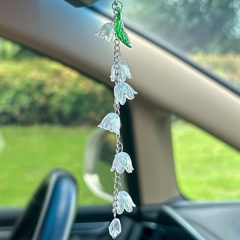 CASONA Flower Car Charm,Lily of the Valley Car Rearview Mirror Hanging Accessory,Rainbow Bellflower Acrylic Leaf Decor,Cute Ornament Gift for Women in Saudi Arabia