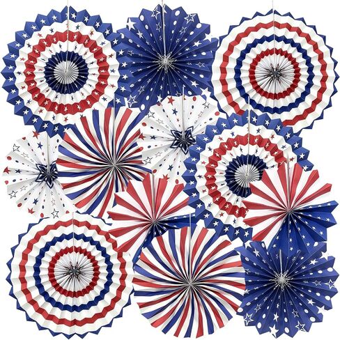 4th of July Patriotic Decorations, 12Pcs Red White Blue Hanging Paper Fans, American Flag Wall Hanging Decor for Independence Day Memorial Day Veterans Day American Theme Party Birthday Decor in Saudi Arabia