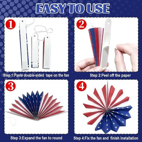4th of July Patriotic Decorations, 12Pcs Red White Blue Hanging Paper Fans, American Flag Wall Hanging Decor for Independence Day Memorial Day Veterans Day American Theme Party Birthday Decor in Saudi Arabia