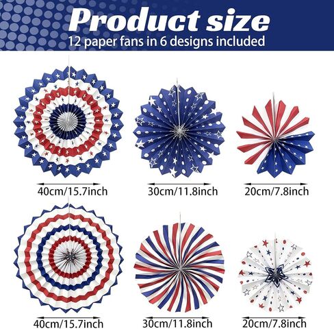 4th of July Patriotic Decorations, 12Pcs Red White Blue Hanging Paper Fans, American Flag Wall Hanging Decor for Independence Day Memorial Day Veterans Day American Theme Party Birthday Decor in Saudi Arabia