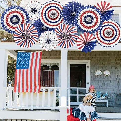 4th of July Patriotic Decorations, 12Pcs Red White Blue Hanging Paper Fans, American Flag Wall Hanging Decor for Independence Day Memorial Day Veterans Day American Theme Party Birthday Decor in Saudi Arabia