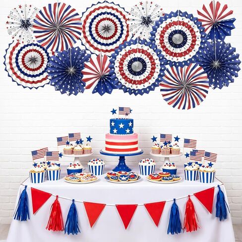 4th of July Patriotic Decorations, 12Pcs Red White Blue Hanging Paper Fans, American Flag Wall Hanging Decor for Independence Day Memorial Day Veterans Day American Theme Party Birthday Decor in Saudi Arabia