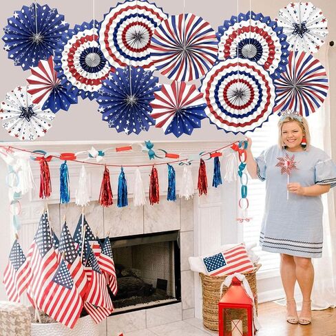 4th of July Patriotic Decorations, 12Pcs Red White Blue Hanging Paper Fans, American Flag Wall Hanging Decor for Independence Day Memorial Day Veterans Day American Theme Party Birthday Decor in Saudi Arabia